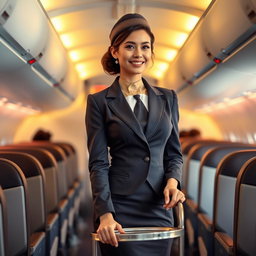 A stylish and elegant air hostess standing in an airplane aisle