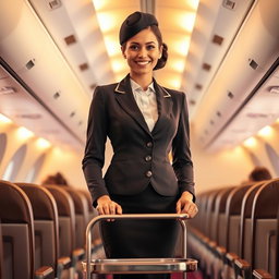 A stylish and elegant air hostess standing in an airplane aisle