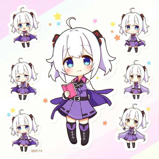 A colorful sticker sheet featuring Herta from Honkai: Star Rail in chibi style