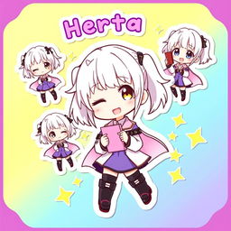 A colorful sticker sheet featuring Herta from Honkai: Star Rail in chibi style