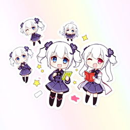 A colorful sticker sheet featuring Herta from Honkai: Star Rail in chibi style