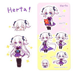 A colorful sticker sheet featuring Herta from Honkai: Star Rail in chibi style