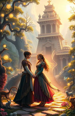 A captivating fantasy scene showcasing the vibrant world of Bramhavidya, filled with intricate magic, ethereal love stories, and profound discoveries