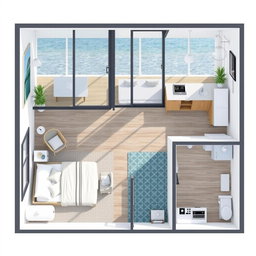 A detailed layout design of a beach apartment featuring a single bedroom, a fully equipped kitchen, a bathroom, and a spacious living-dining area