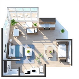 A detailed layout design of a beach apartment featuring a single bedroom, a fully equipped kitchen, a bathroom, and a spacious living-dining area