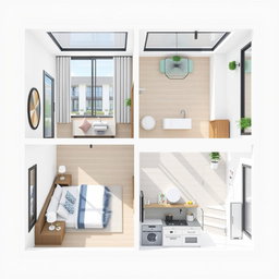 A detailed layout design of a beach apartment featuring a single bedroom, a fully equipped kitchen, a bathroom, and a spacious living-dining area