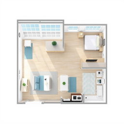 A detailed layout design of a beach apartment featuring a single bedroom, a fully equipped kitchen, a bathroom, and a spacious living-dining area
