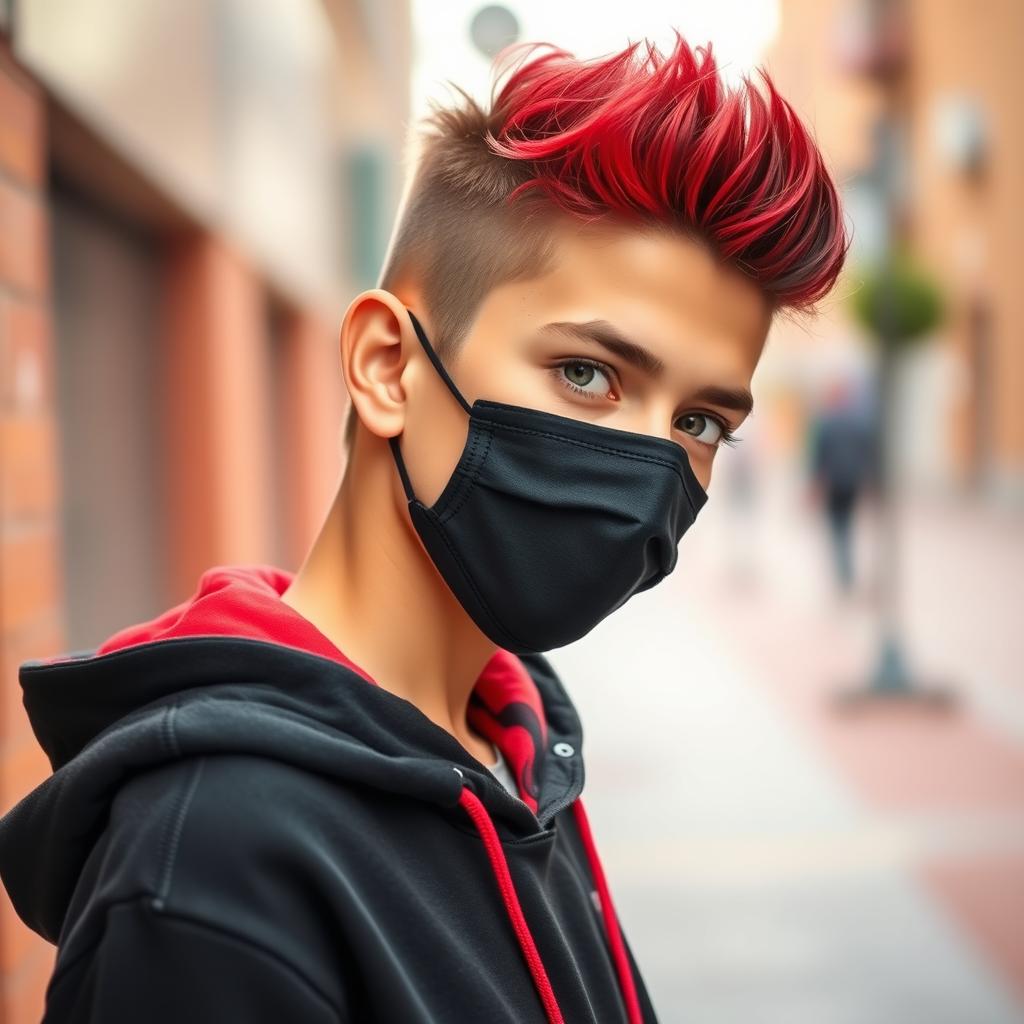 A teenage boy with red-tipped hair, wearing a black face mask, and a stylish black hoodie with red accents