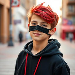 A teenage boy with red-tipped hair, wearing a black face mask, and a stylish black hoodie with red accents