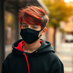 A teenage boy with red-tipped hair, wearing a black face mask, and a stylish black hoodie with red accents