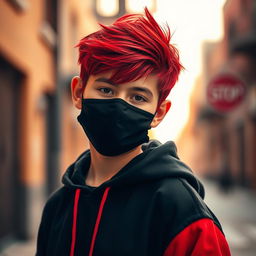 A teenage boy with red-tipped hair, wearing a black face mask, and a stylish black hoodie with red accents