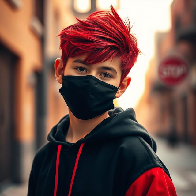 A teenage boy with red-tipped hair, wearing a black face mask, and a stylish black hoodie with red accents