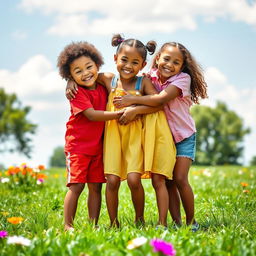 A serene scene of children playing joyfully in a sunny park, with a variety of ethnic backgrounds represented