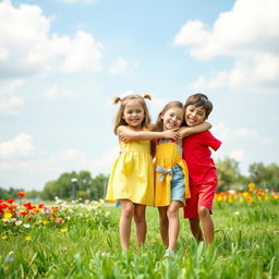 A serene scene of children playing joyfully in a sunny park, with a variety of ethnic backgrounds represented