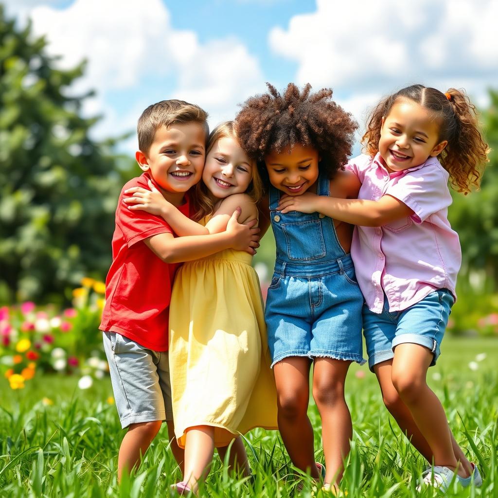 A serene scene of children playing joyfully in a sunny park, with a variety of ethnic backgrounds represented