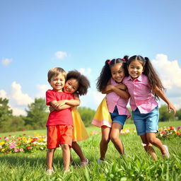 A serene scene of children playing joyfully in a sunny park, with a variety of ethnic backgrounds represented