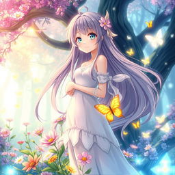 A beautifully crafted, ethereal anime character standing confidently in a breathtaking fantasy landscape