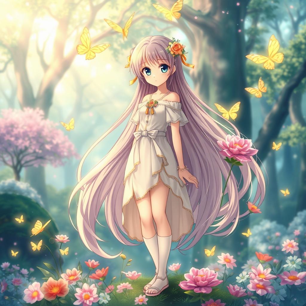A beautifully crafted, ethereal anime character standing confidently in a breathtaking fantasy landscape