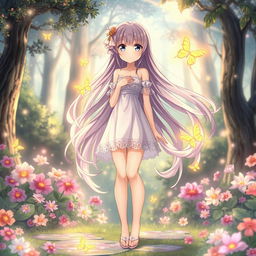 A beautifully crafted, ethereal anime character standing confidently in a breathtaking fantasy landscape
