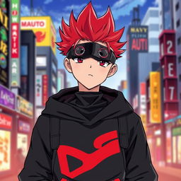 Anime boy with spiky red-tipped hair, wearing a black face mask, a black sweatshirt with red accents, standing confidently with a vibrant city background