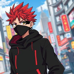 Anime boy with spiky red-tipped hair, wearing a black face mask, a black sweatshirt with red accents, standing confidently with a vibrant city background