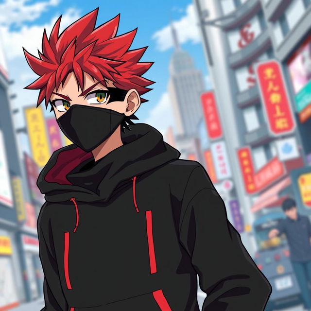 Anime boy with spiky red-tipped hair, wearing a black face mask, a black sweatshirt with red accents, standing confidently with a vibrant city background