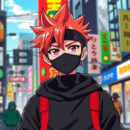 Anime boy with spiky red-tipped hair, wearing a black face mask, a black sweatshirt with red accents, standing confidently with a vibrant city background