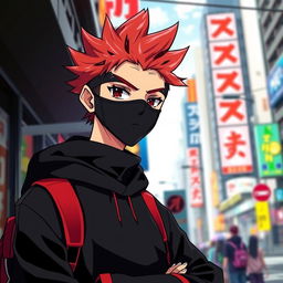 Anime boy with spiky red-tipped hair, wearing a black face mask, a black sweatshirt with red accents, standing confidently with a vibrant city background