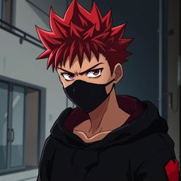 Serious anime boy with spiky red-tipped hair, wearing a black face mask, and a black sweatshirt with red accents