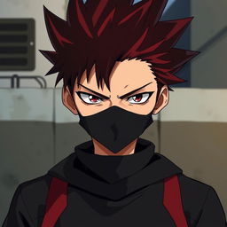 Serious anime boy with spiky red-tipped hair, wearing a black face mask, and a black sweatshirt with red accents