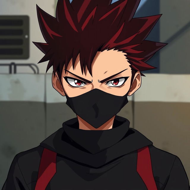 Serious anime boy with spiky red-tipped hair, wearing a black face mask, and a black sweatshirt with red accents