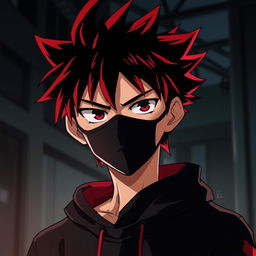 Serious anime boy with spiky red-tipped hair, wearing a black face mask, and a black sweatshirt with red accents