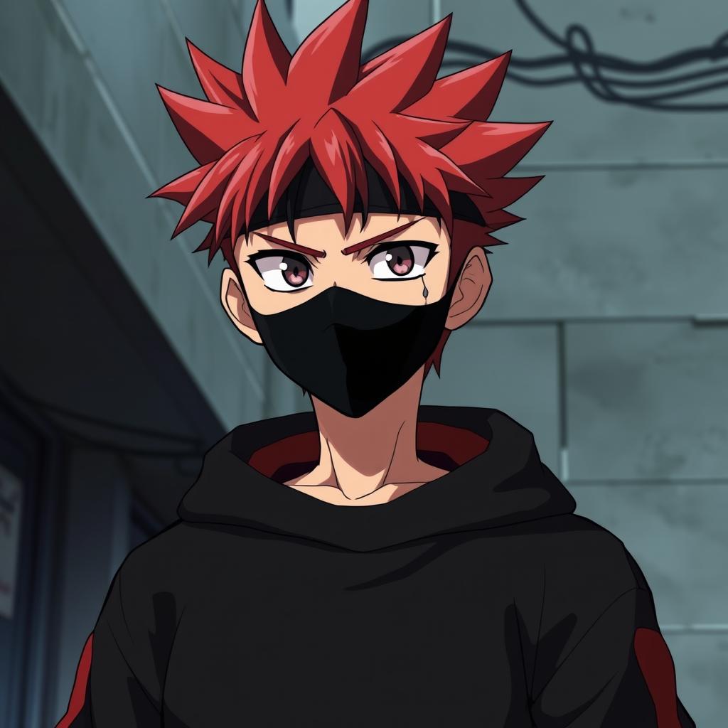 Serious anime boy with spiky red-tipped hair, wearing a black face mask, and a black sweatshirt with red accents