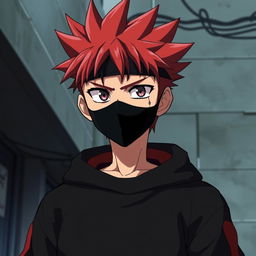 Serious anime boy with spiky red-tipped hair, wearing a black face mask, and a black sweatshirt with red accents