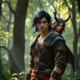 A male half-elf ranger standing confidently in a lush forest, his medium-length black hair flowing slightly in the breeze