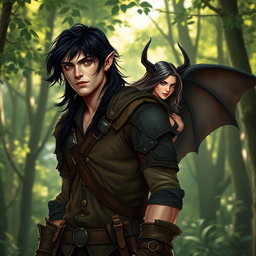 A male half-elf ranger standing confidently in a lush forest, his medium-length black hair flowing slightly in the breeze