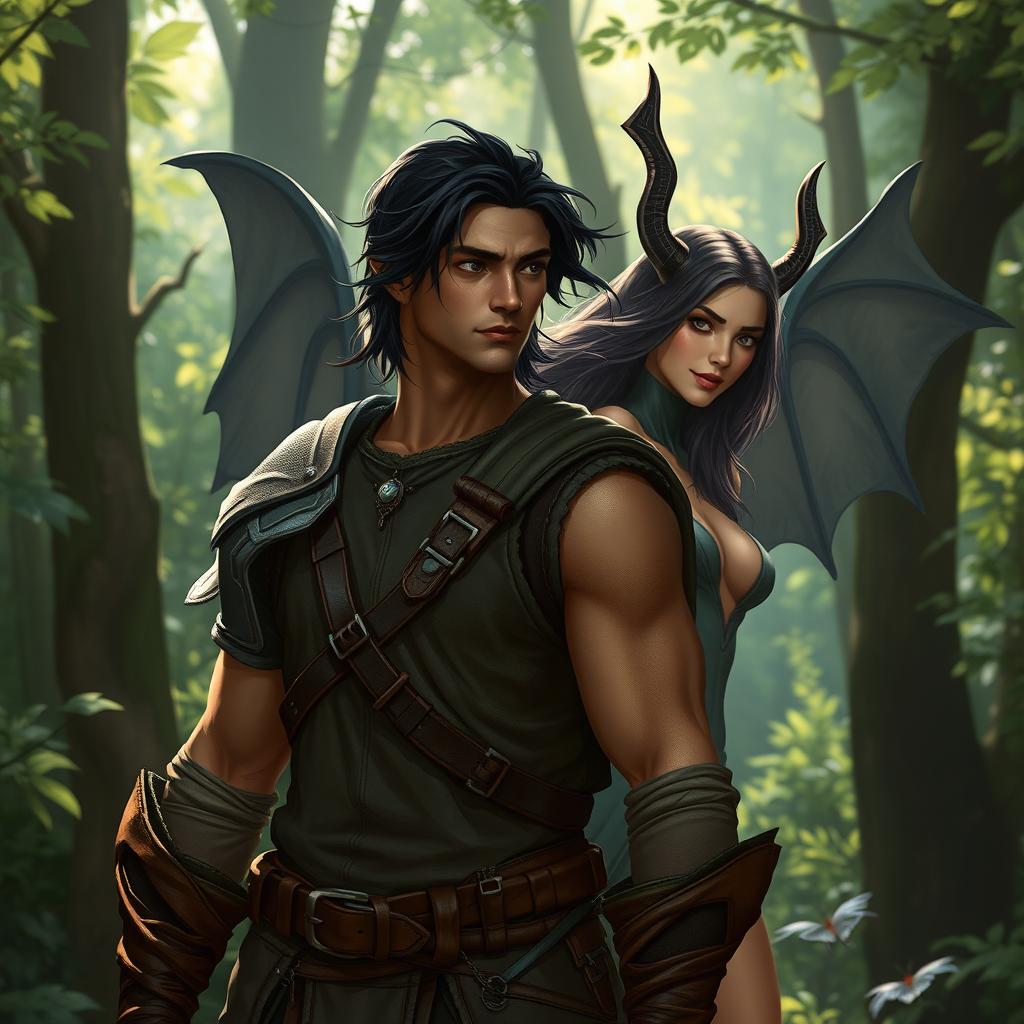 A male half-elf ranger standing confidently in a lush forest, his medium-length black hair flowing slightly in the breeze
