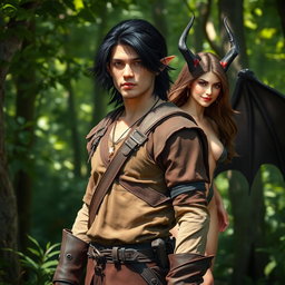 A male half-elf ranger standing confidently in a lush forest, his medium-length black hair flowing slightly in the breeze