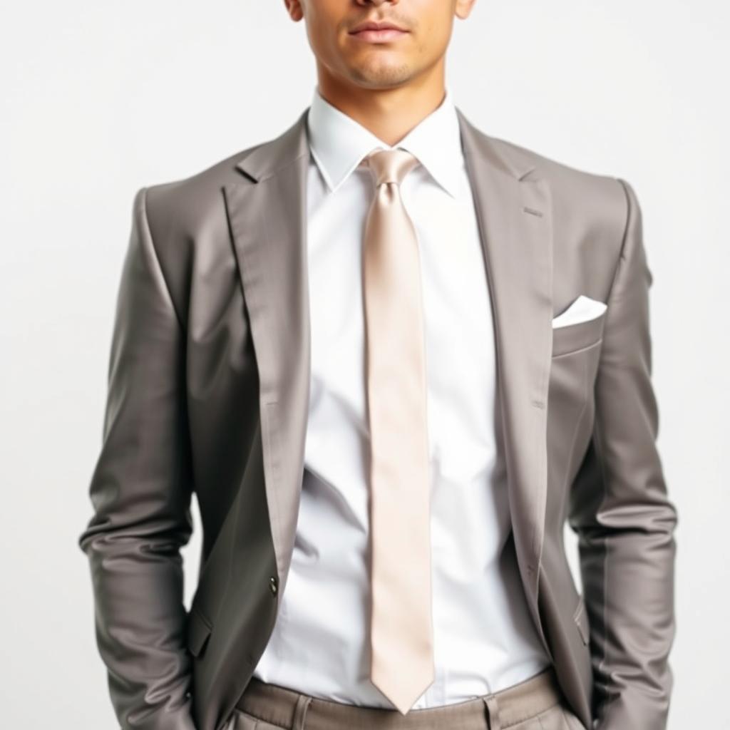 A person wearing elegant formal attire, standing confidently against a pristine white background