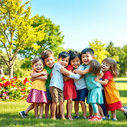 A heartwarming scene of children hugging and playing together in a sunny park
