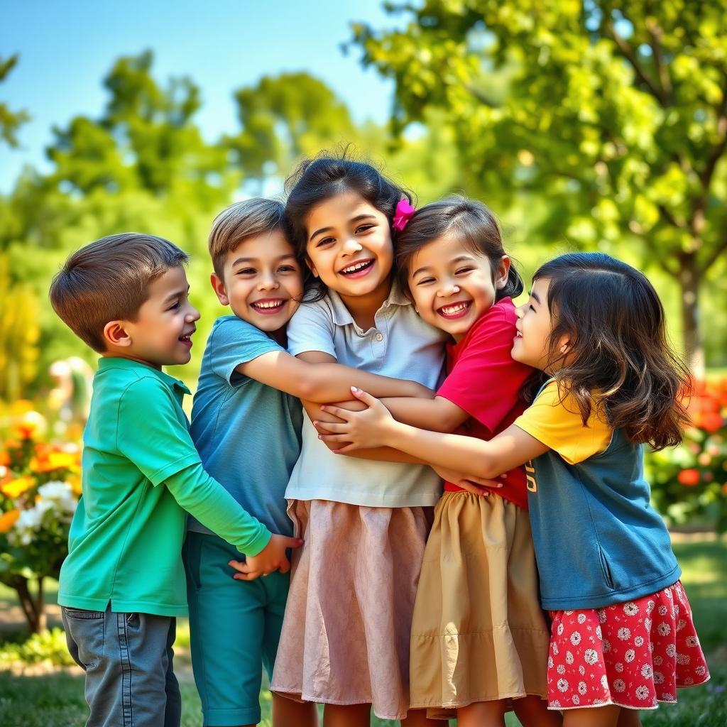 A heartwarming scene of children hugging and playing together in a sunny park