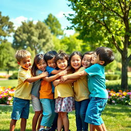 A heartwarming scene of children hugging and playing together in a sunny park