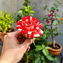 A close-up of a hand holding a vibrant red and white striped rose in sharp focus, with petals that exhibit a striking pattern of alternating colors
