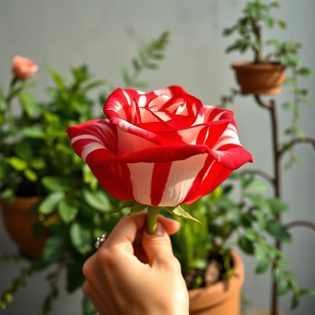 A close-up of a hand holding a vibrant red and white striped rose in sharp focus, with petals that exhibit a striking pattern of alternating colors