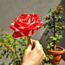 A close-up of a hand holding a vibrant red and white striped rose in sharp focus, with petals that exhibit a striking pattern of alternating colors