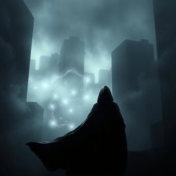 A dramatic and moody scene depicting the theme of "Entre Sombras y Promesas" (Between Shadows and Promises)
