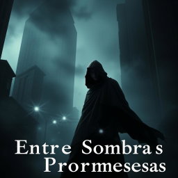 A dramatic and moody scene depicting the theme of "Entre Sombras y Promesas" (Between Shadows and Promises)