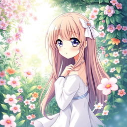 A beautifully illustrated anime girl with long flowing hair and captivating large eyes, posing in a graceful manner