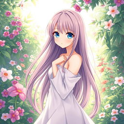 A beautifully illustrated anime girl with long flowing hair and captivating large eyes, posing in a graceful manner