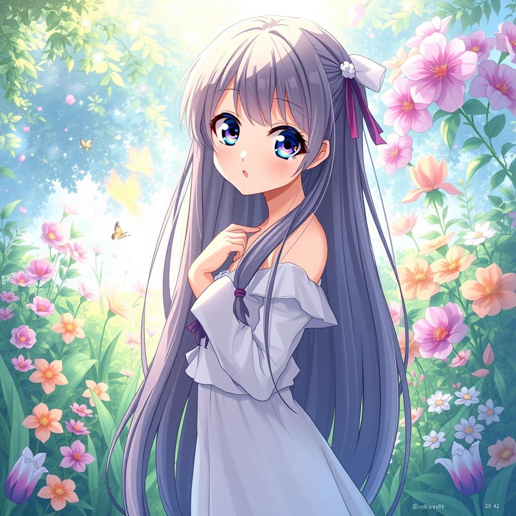 A beautifully illustrated anime girl with long flowing hair and captivating large eyes, posing in a graceful manner